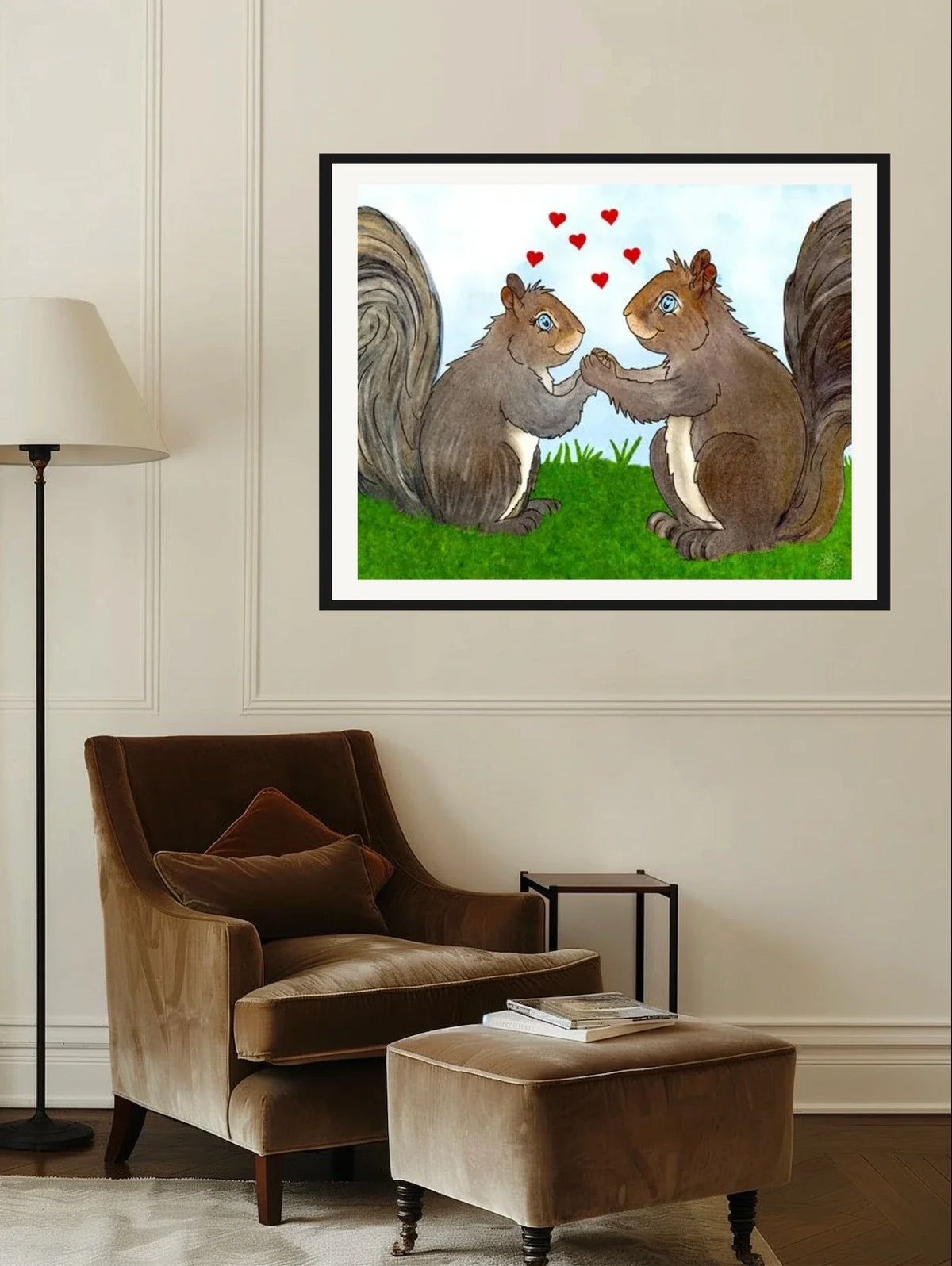 Gemma and West Squirrel - extra large 36 x 48 matted and framed art print shown hanging on a wall