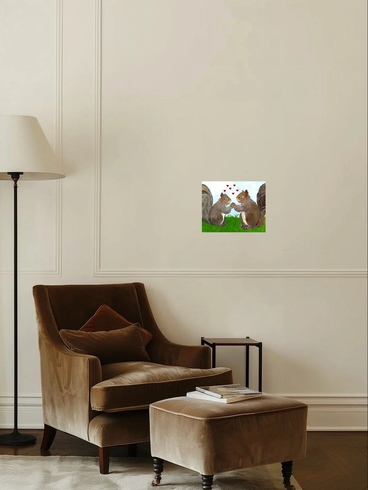 Gemma and West Squirrel - medium 12 x 16 unframed art print shown hanging on a wall