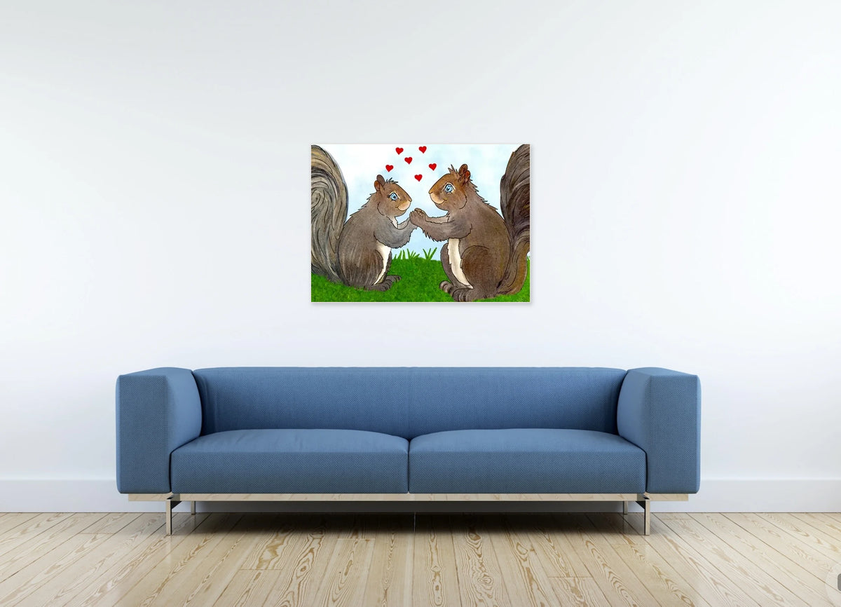 This is a large 24 x 36 unframed watercolor art print of two squirrels holding hands beneath a scatter of red hearts. Created by professional artists, this high-quality watercolor print on textured matte paper adds a touch of character to any home or office decor.