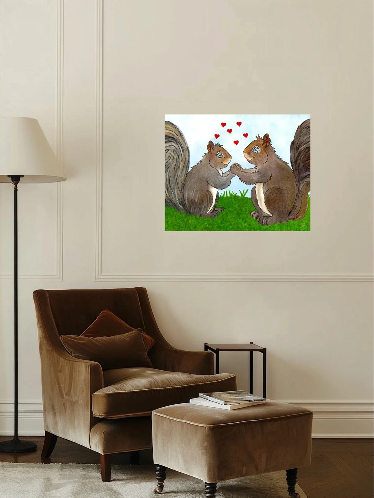 Gemma and West Squirrel - large 24 x 36 unframed art print shown hanging on a wall