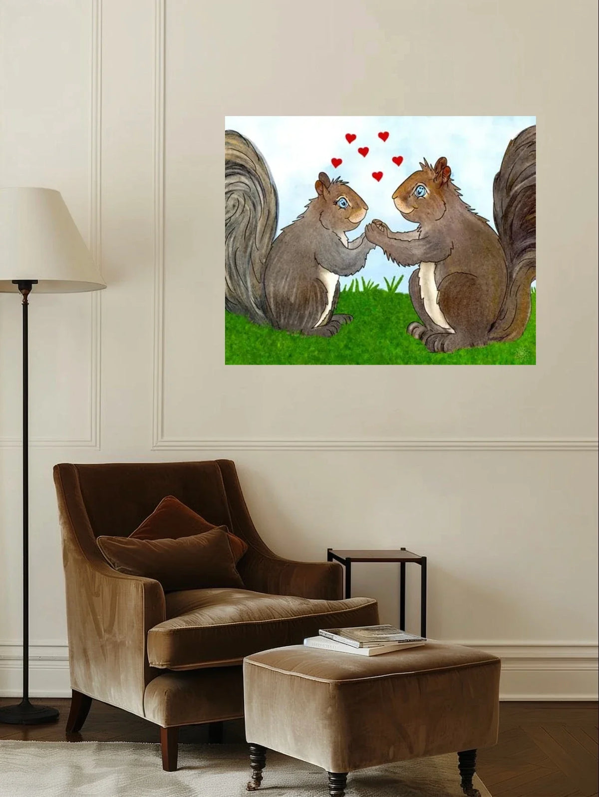 Gemma and West Squirrel - extra large 36 x 48 unframed art print shown hanging on a wall