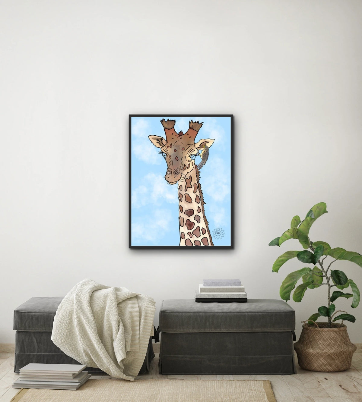 Genny Giraffe - large 24 x 36 framed art print shown hanging on a wall