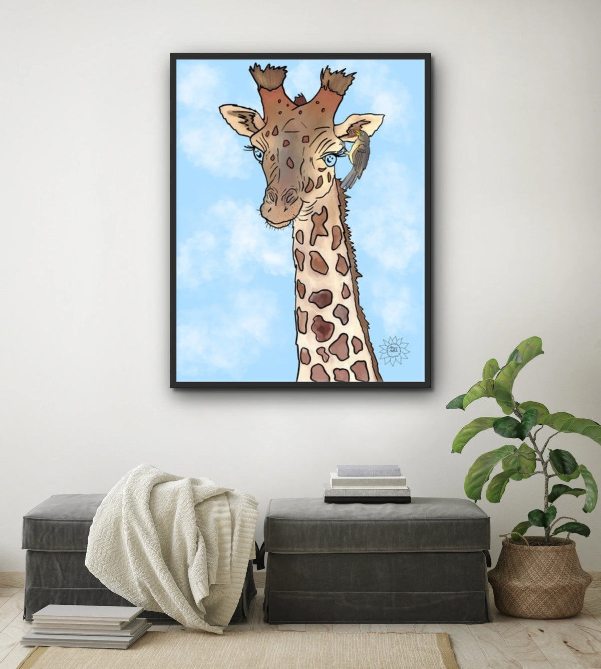 Genny Giraffe - extra large 36 x 48 framed art print shown hanging on a wall