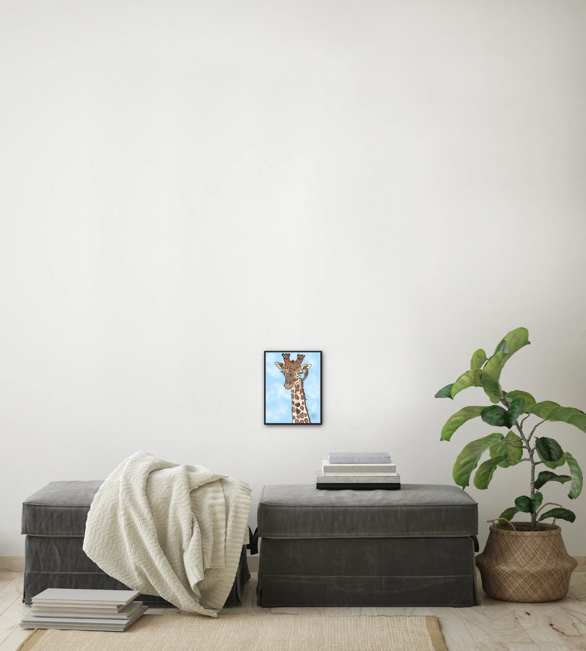 Genny Giraffe - small 8 x 10 framed art print shown hanging on a wall