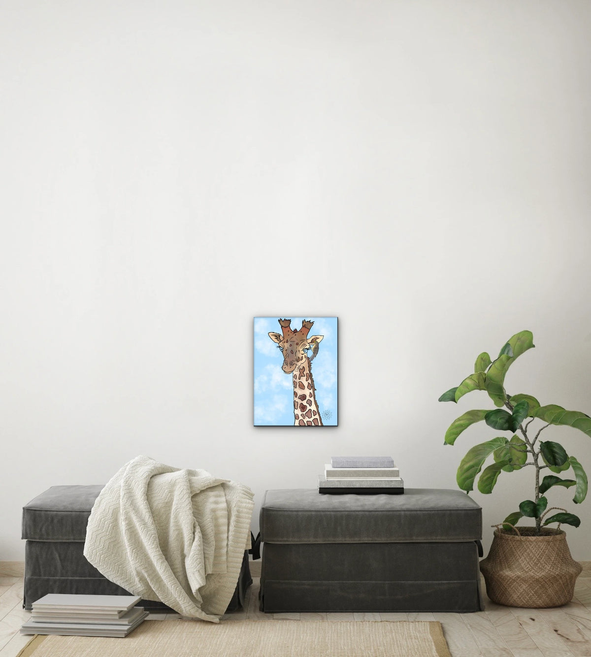 Genny Giraffe - medium 12 x 16 unframed art print shown hanging on a wall