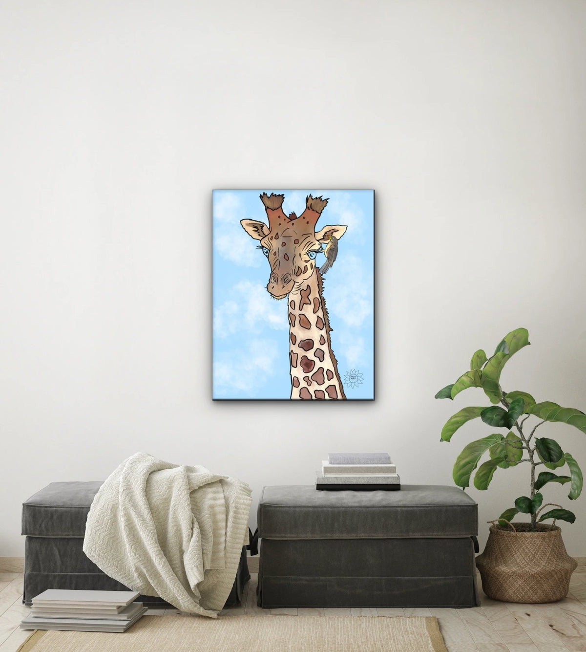 Genny Giraffe - large 24 x 36 unframed art print shown hanging on a wall