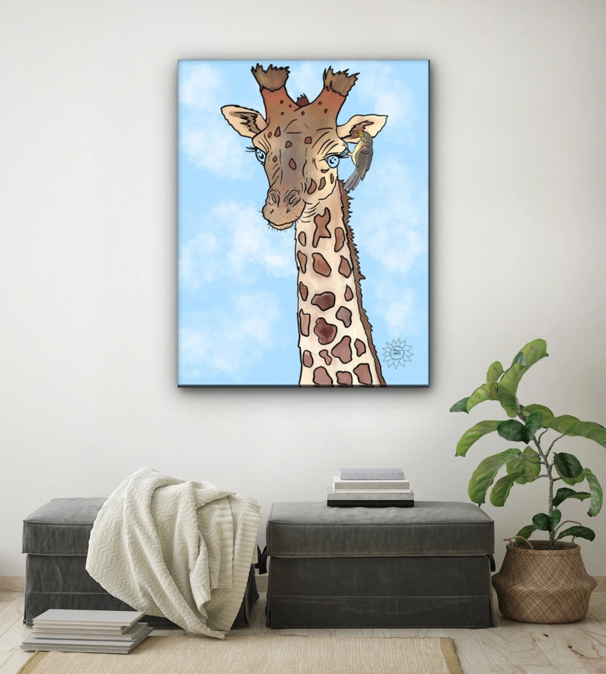 Genny Giraffe - extra large 36 x 48 unframed art print shown hanging on a wall