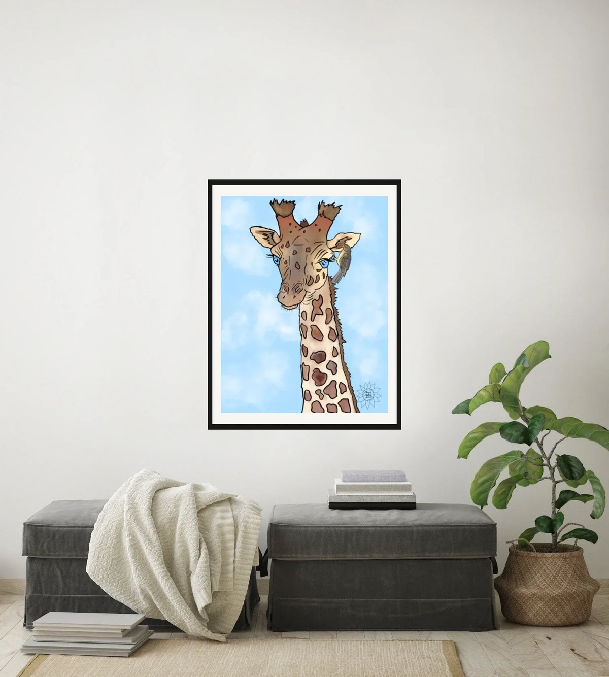 Genny Giraffe - large 24 x 36 matted and framed art print shown hanging on a wall