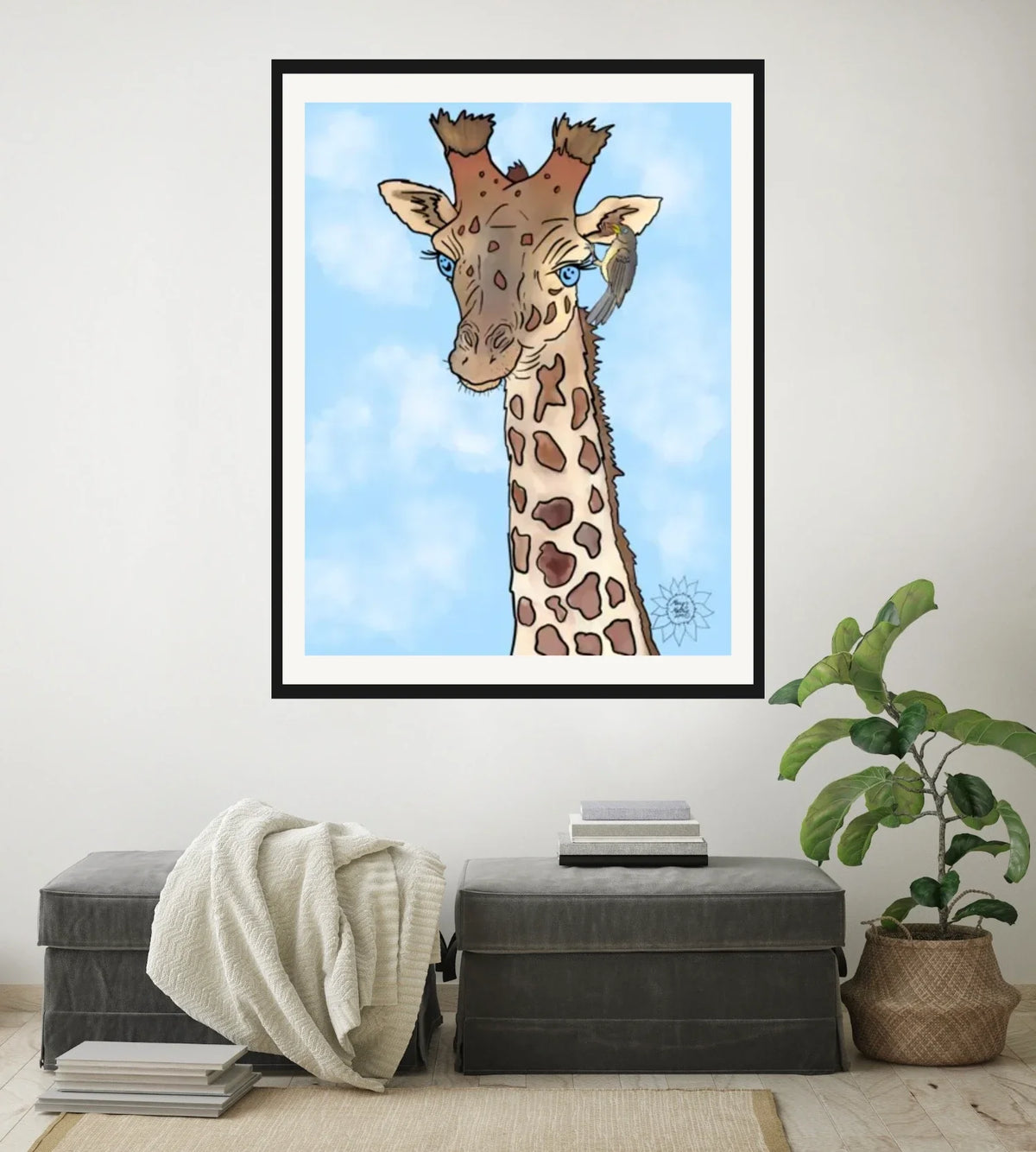 Genny Giraffe - extra large 36 x 48 matted and framed art print shown hanging on a wall
