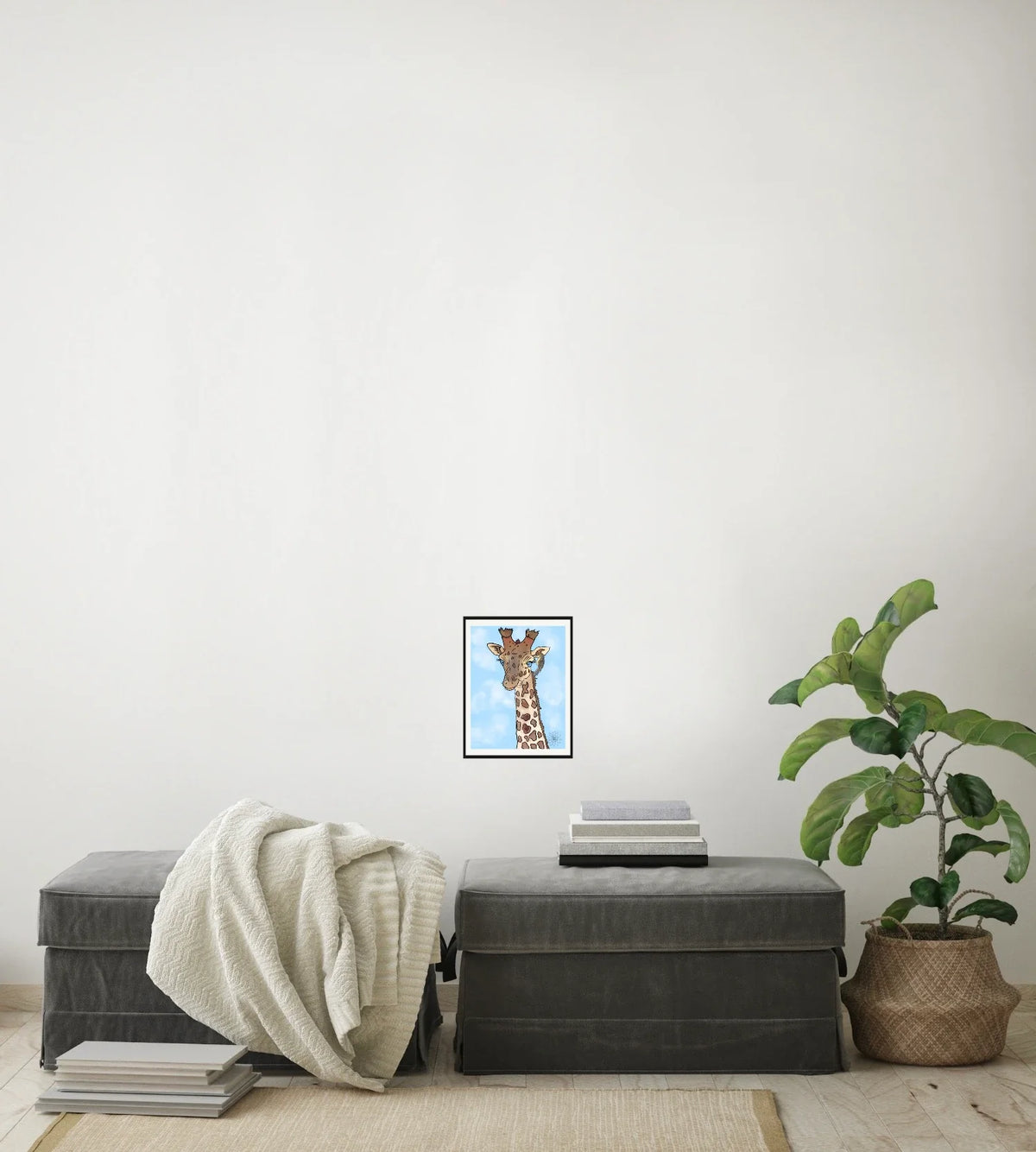 Genny Giraffe - small 8 x 10 matted and framed art print shown hanging on a wall