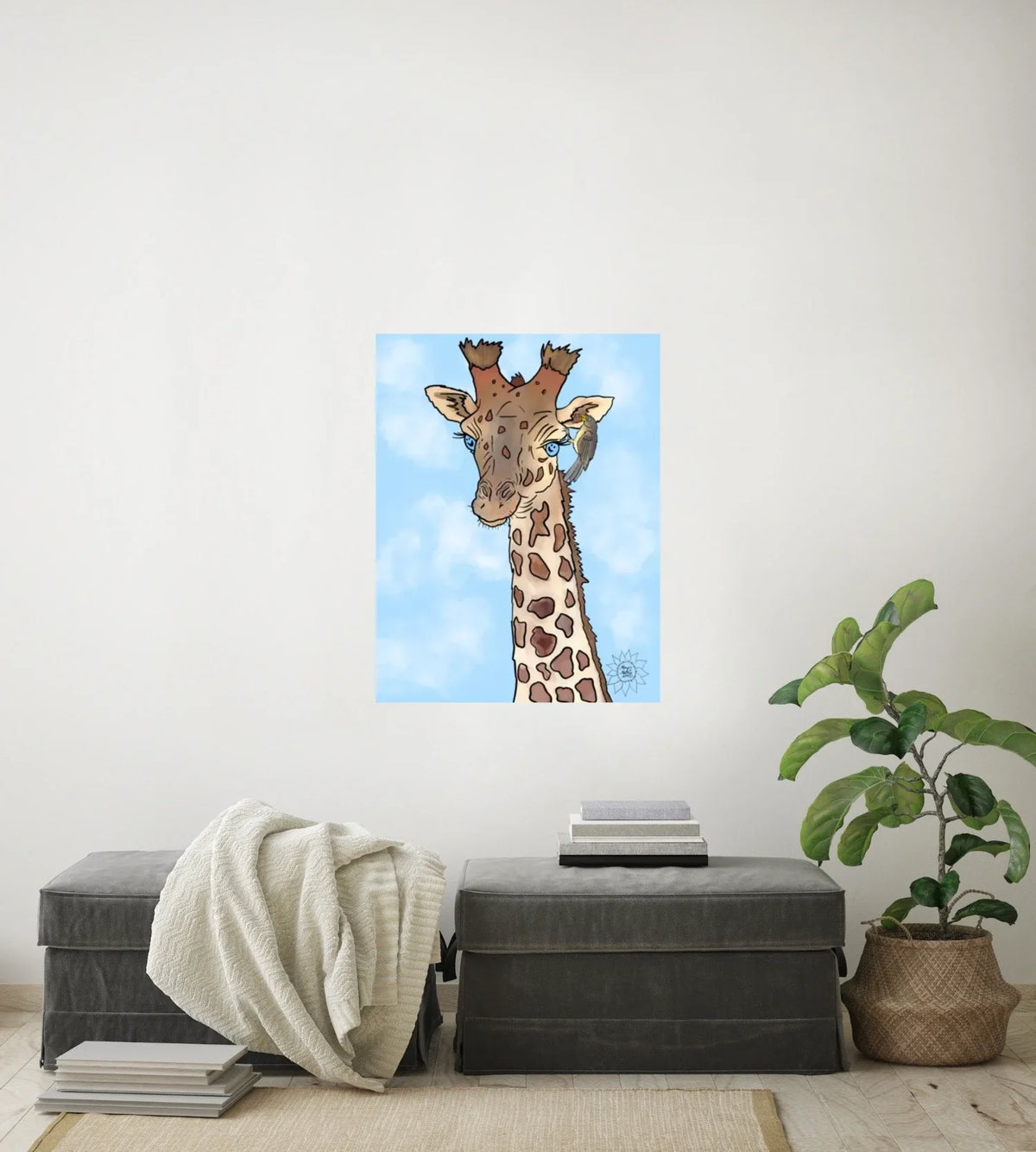 Genny Giraffe - large 24 x 36 unframed art print shown hanging on a wall