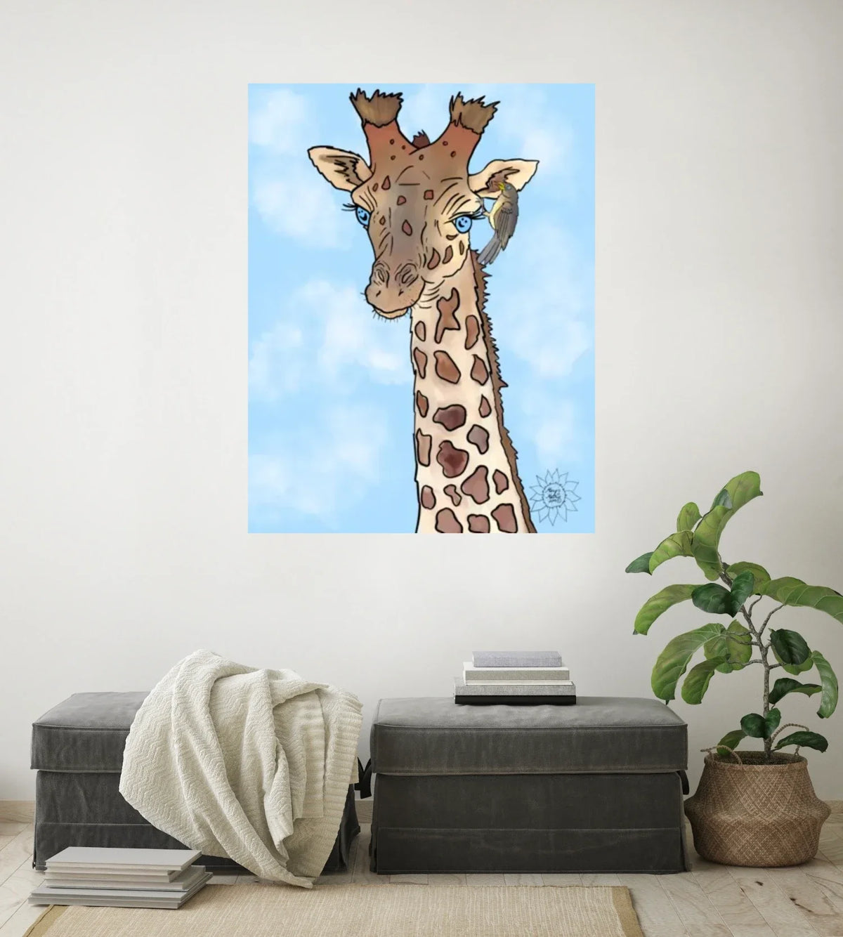 Genny Giraffe - extra large 36 x 48 unframed art print shown hanging on a wall