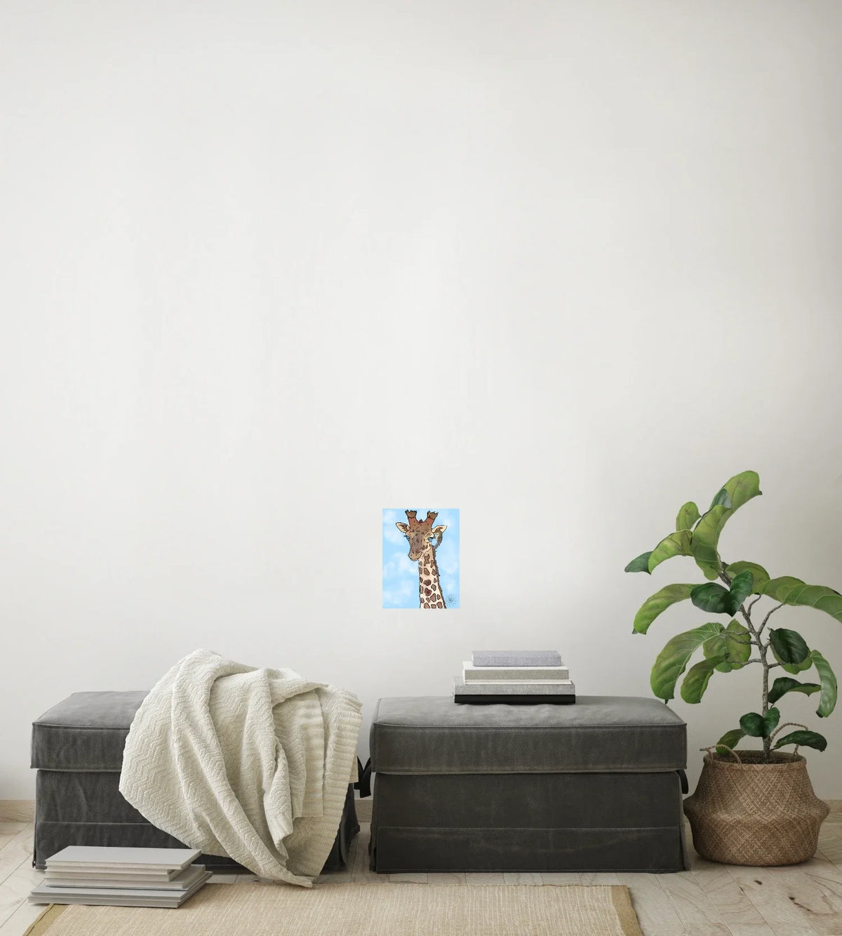 Genny Giraffe - small 8 x 10 unframed art print shown hanging on a wall
