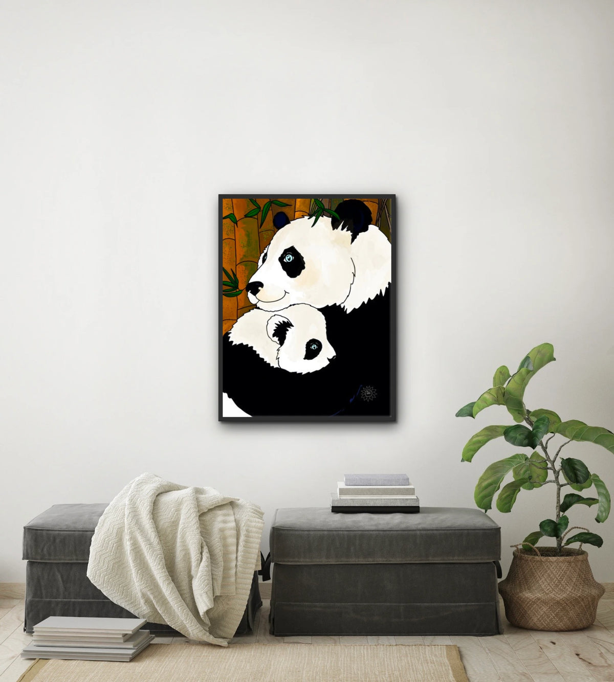 Ginger And Koi Panda - large 24 x 36 framed art print shown hanging on a wall