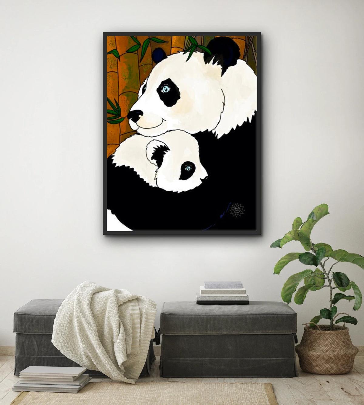 Ginger And Koi Panda - extra large 36 x 48 framed art print shown hanging on a wall
