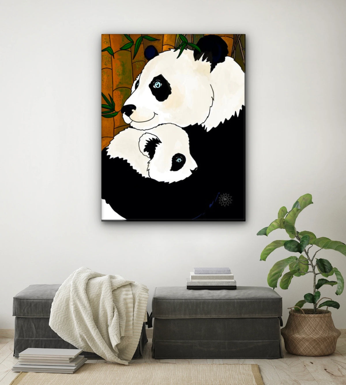 Ginger And Koi Panda - extra large 36 x 48 unframed art print shown hanging on a wall