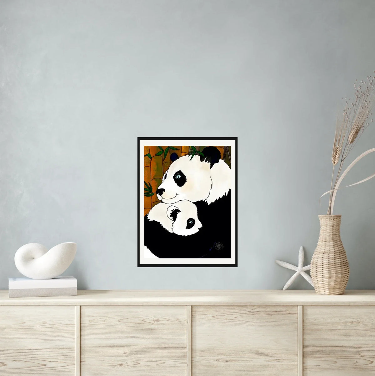 Ginger And Koi Panda - large 24 x 36 matted and framed art print shown hanging on a wall