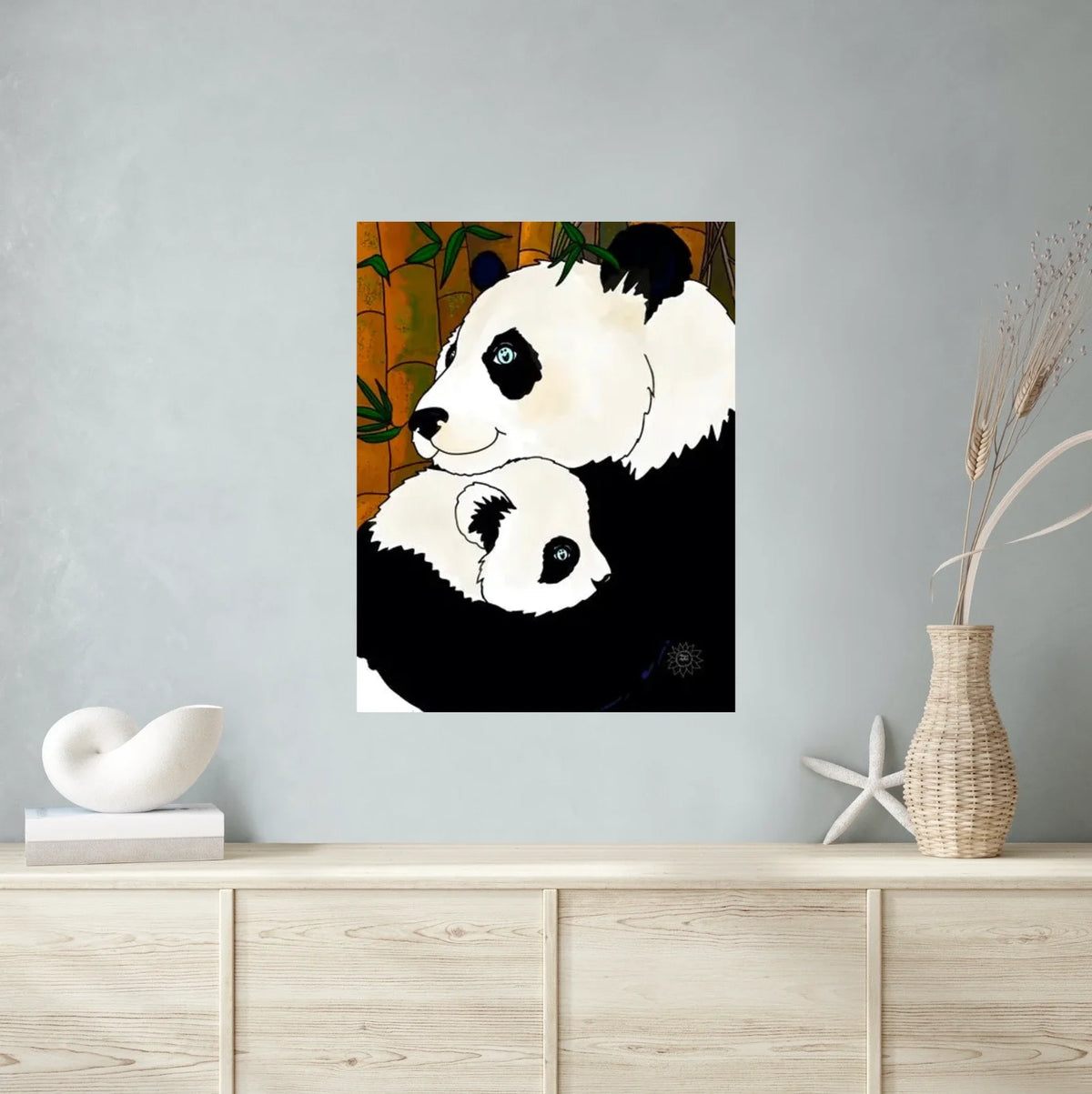 Ginger And Koi Panda - extra large 36 x 48 unframed art print shown hanging on a wall