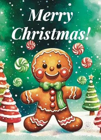 Christmas card with a gingerbread man and candy-themed design
