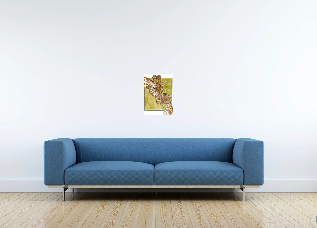 Gisele Giraffe and Her Baby - medium 12 x 16 unframed art print shown hanging on a wall