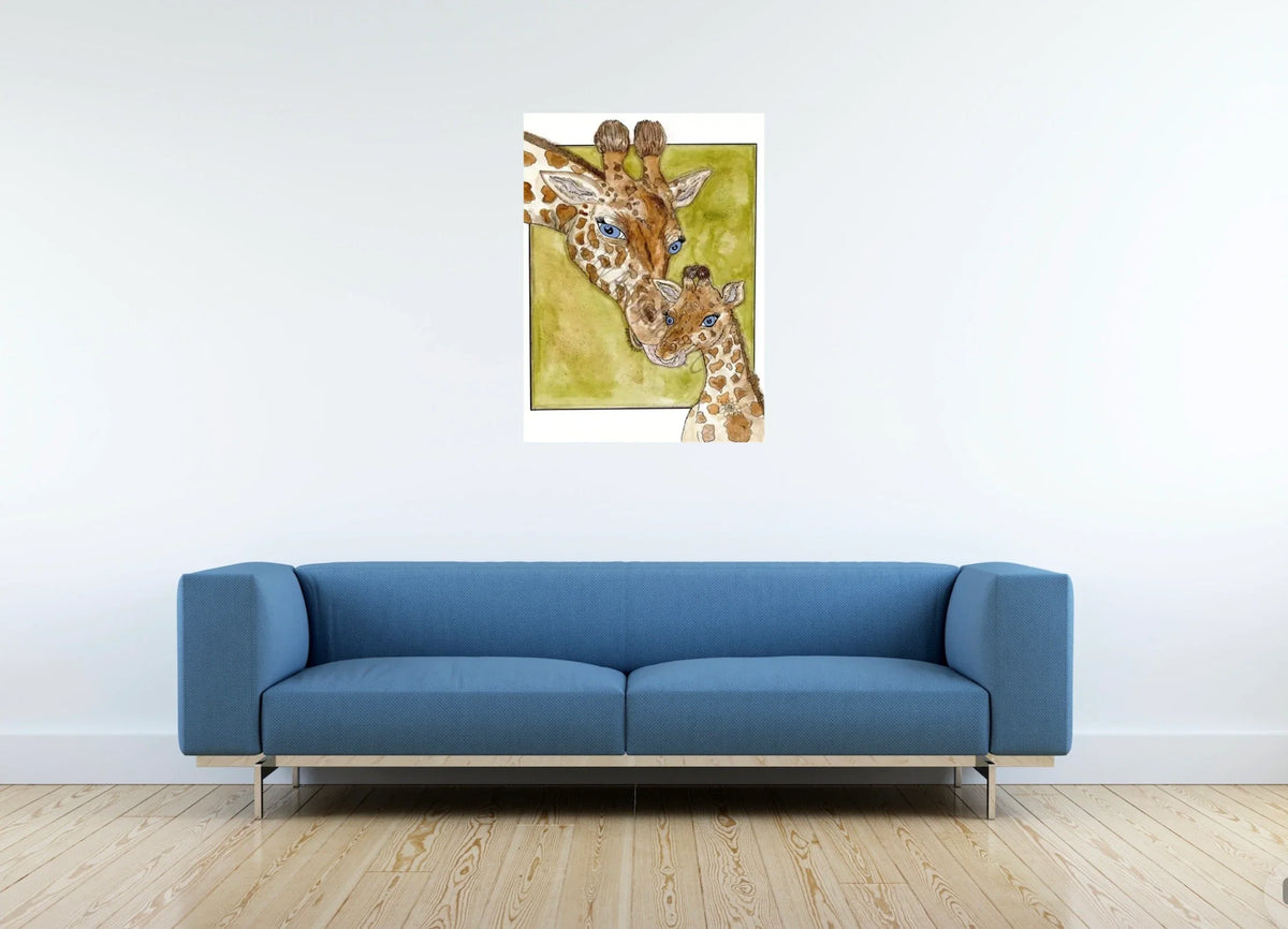 Gisele Giraffe and Her Baby - large 24 x 36 unframed art print shown hanging on a wall