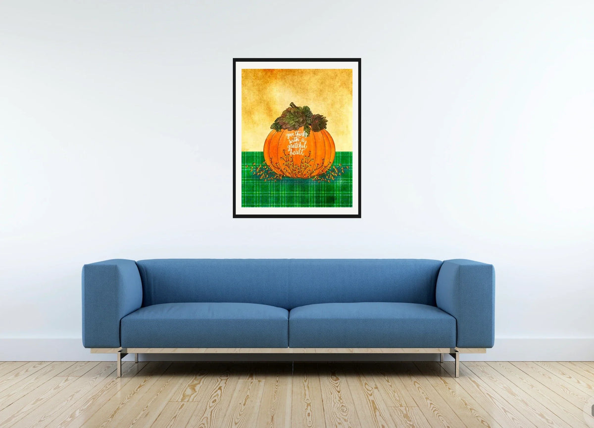 Give Thanks - large 24 x 36 matted and framed art print shown hanging on a wall