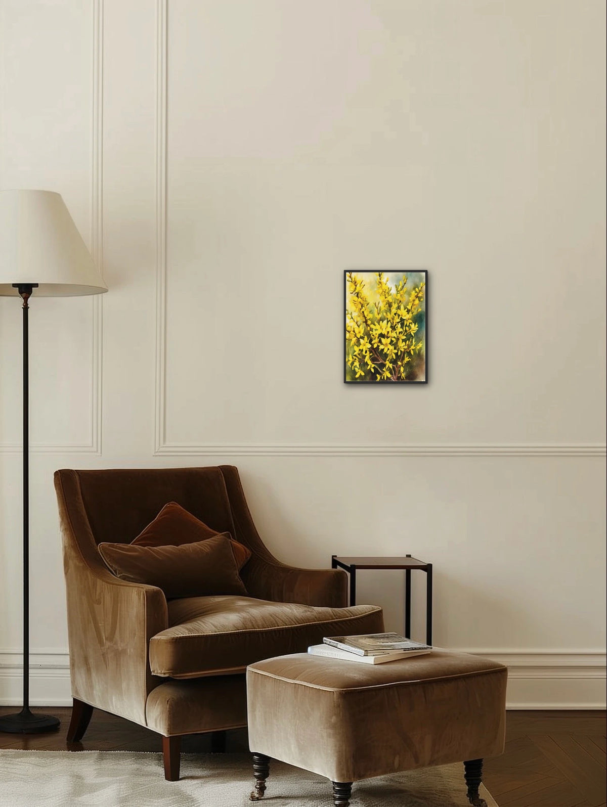Golden Forsythias Bush - medium 12 x 16 framed art print shown hanging on a wall