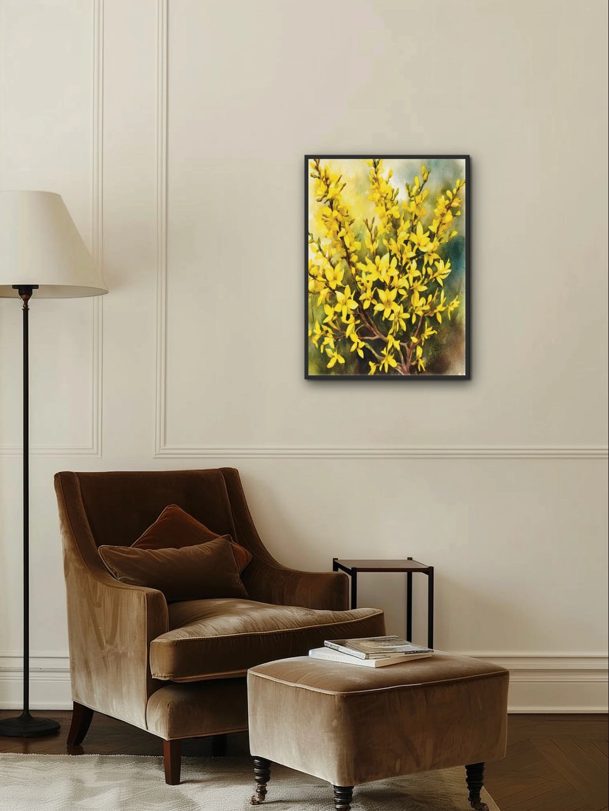 Golden Forsythias Bush - large 24 x 36 framed art print shown hanging on a wall