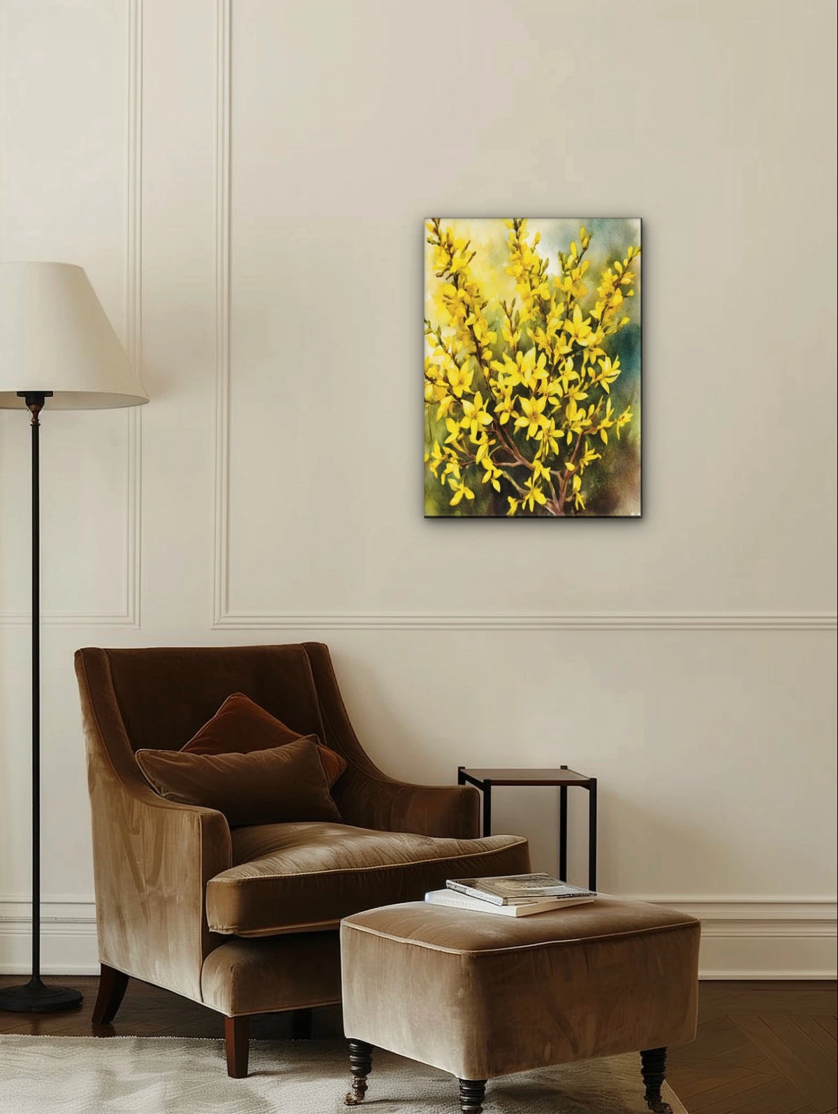 Golden Forsythias Bush - large 24 x 36 unframed art print shown hanging on a wall