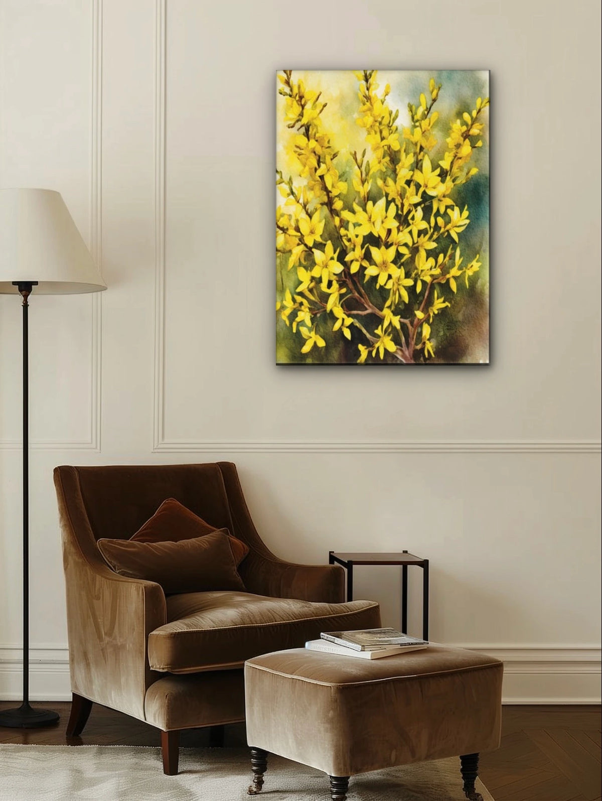 Golden Forsythias Bush - extra large 36 x 48 unframed art print shown hanging on a wall