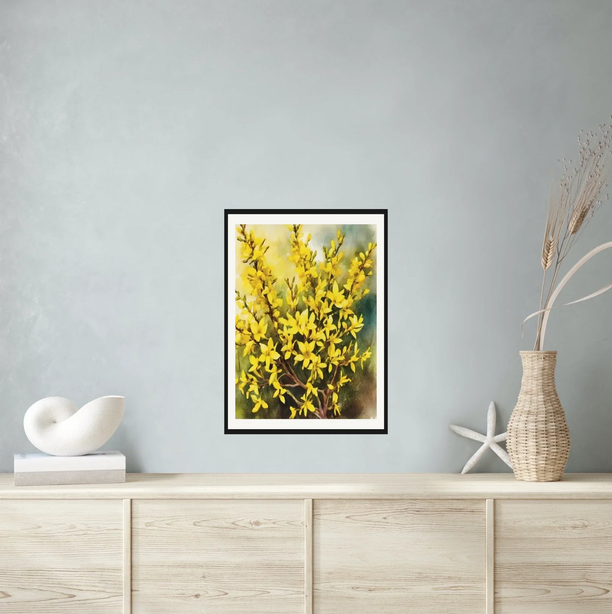 Golden Forsythias Bush - large 24 x 36 matted and framed art print shown hanging on a wall