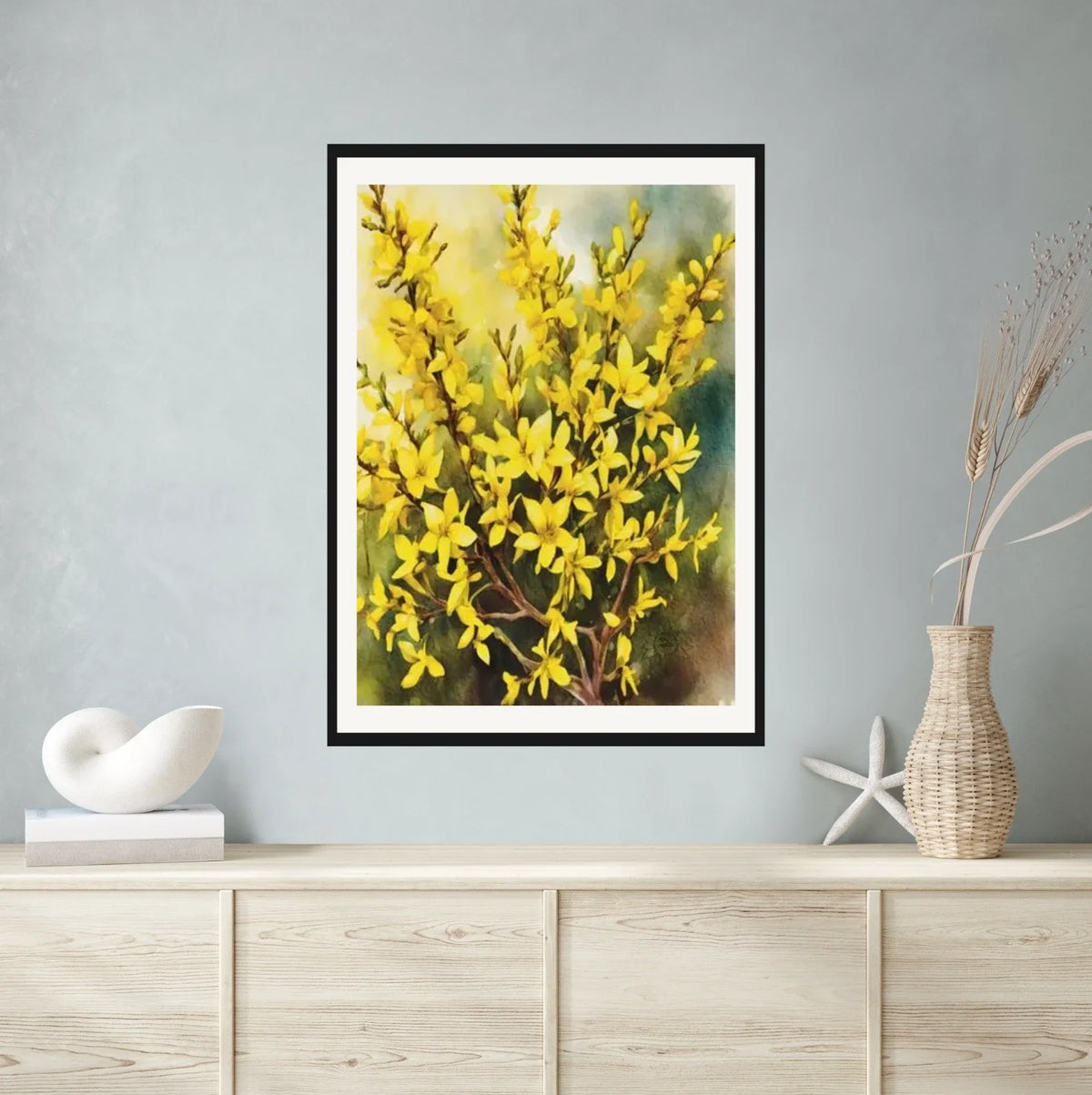 Golden Forsythias Bush - extra large 36 x 48 matted and framed art print shown hanging on a wall