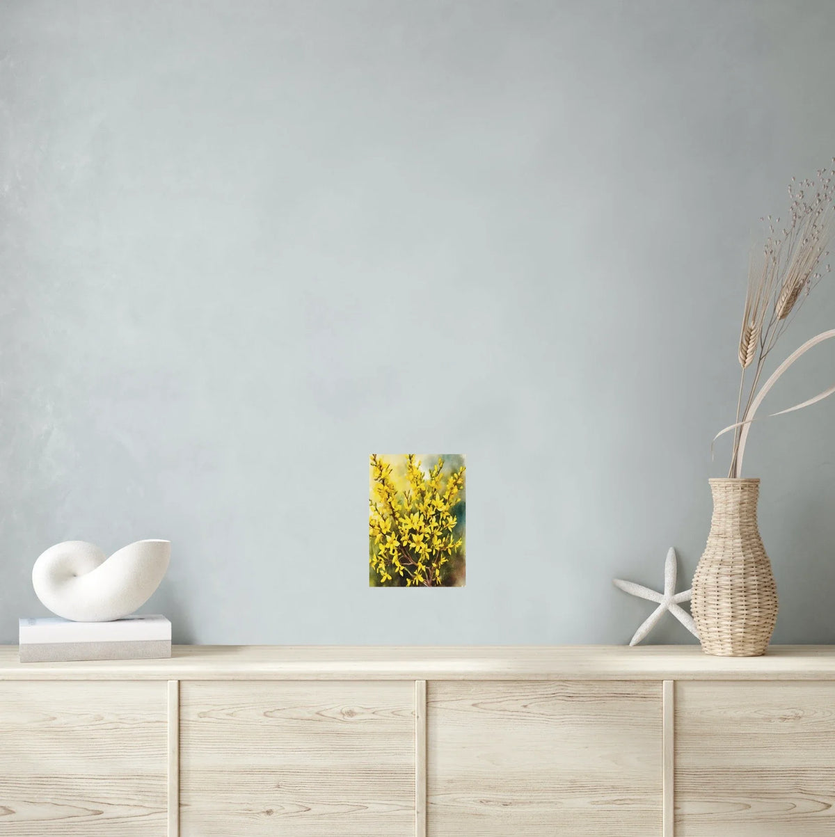 Golden Forsythias Bush - medium 12 x 16 unframed art print shown hanging on a wall