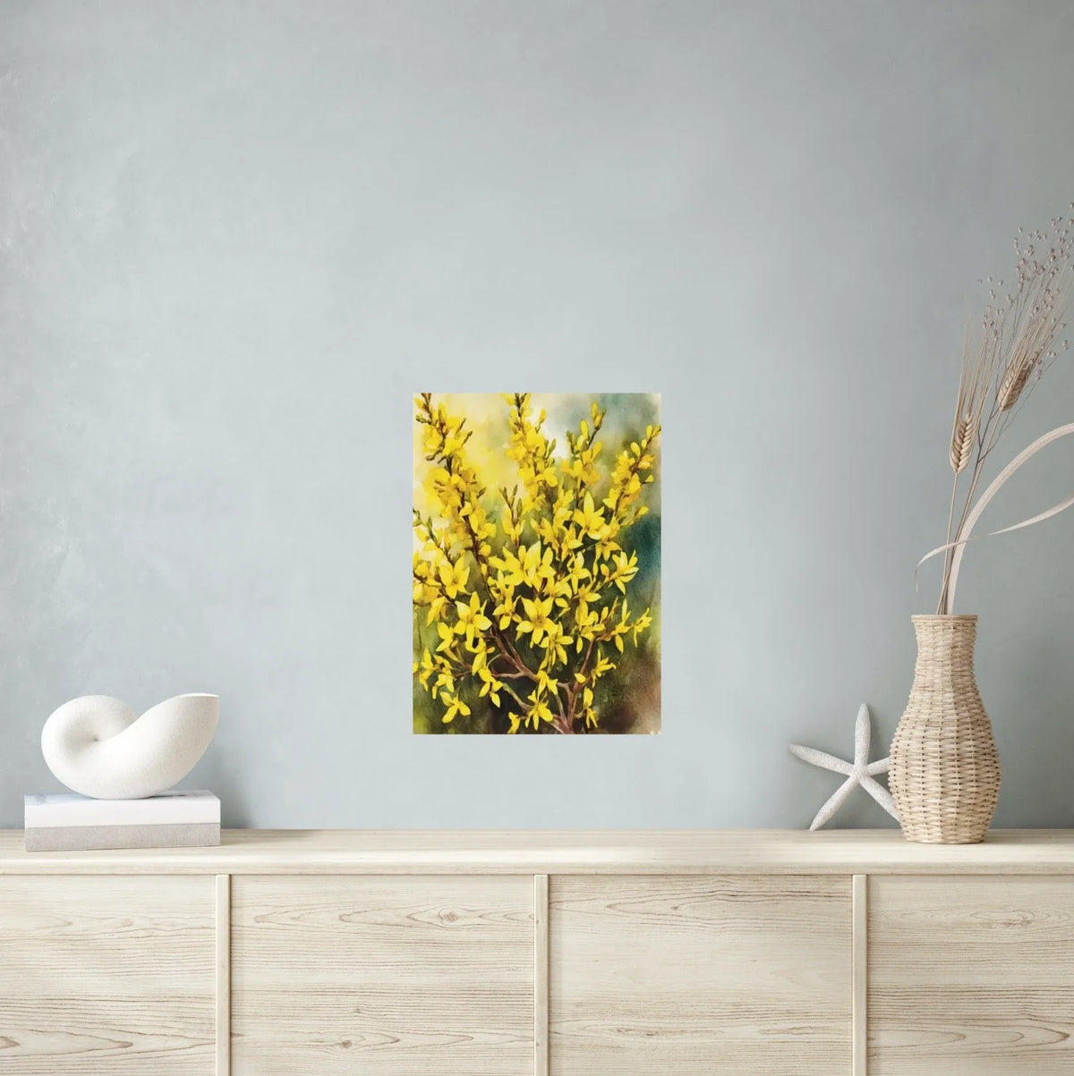 Golden Forsythias Bush - large 24 x 36 unframed art print shown hanging on a wall