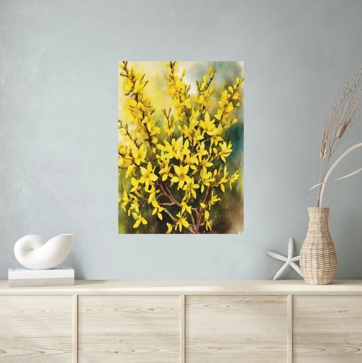 Golden Forsythias Bush - extra large 36 x 48 unframed art print shown hanging on a wall