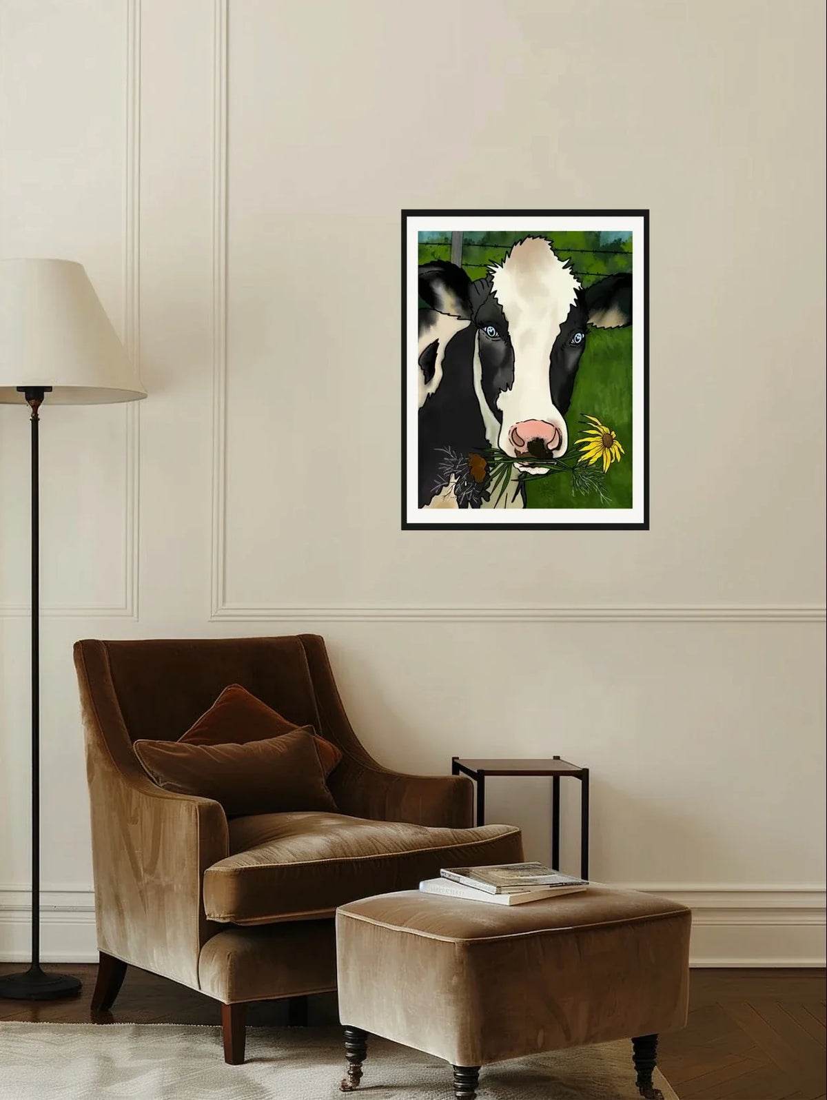 Grace The Cow - large 24 x 36 matted and framed art print shown hanging on a wall