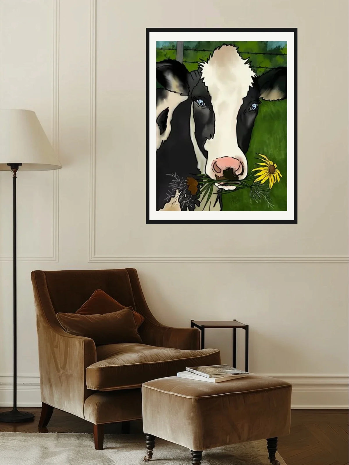 Grace The Cow - extra large 36 x 48 matted and framed art print shown hanging on a wall