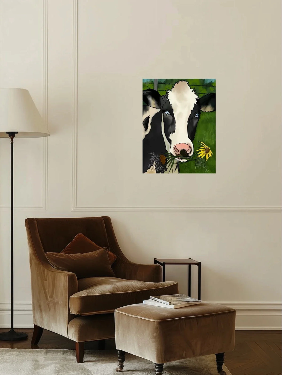 Grace The Cow - large 24 x 36 unframed art print shown hanging on a wall