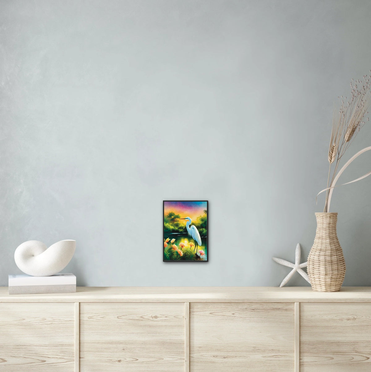 Great Egret - medium 12 x 16 framed art print shown hanging on a wall
