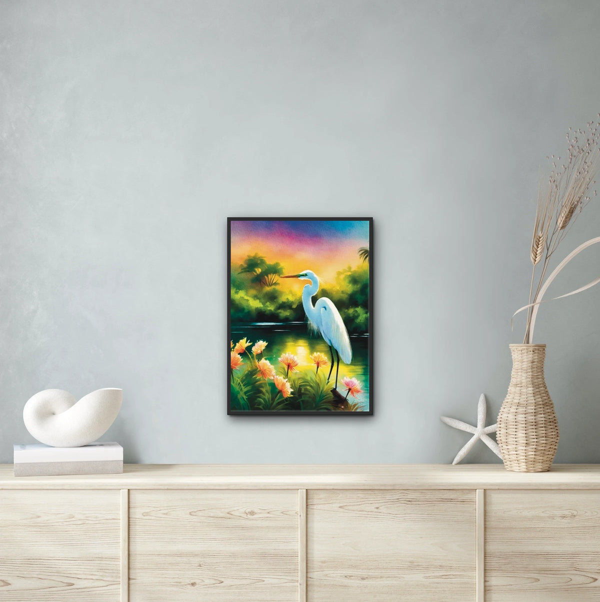 Great Egret - large 24 x 36 framed art print shown hanging on a wall