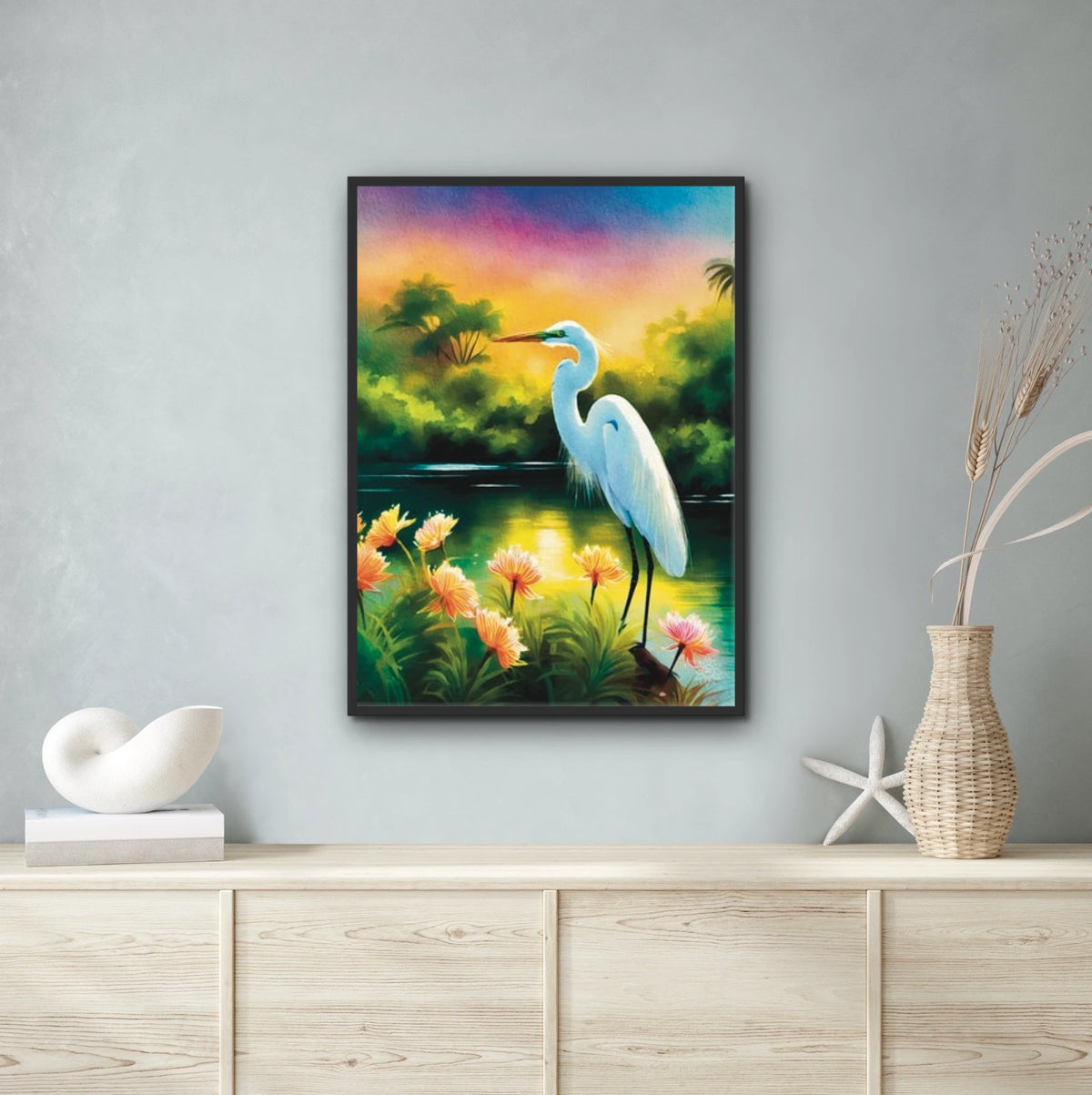 Great Egret - extra large 36 x 48 framed art print shown hanging on a wall