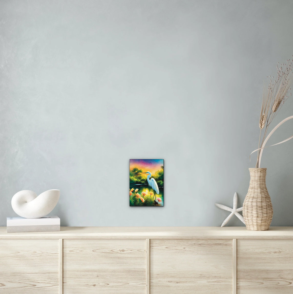 Great Egret - medium 12 x 16 unframed art print shown hanging on a wall