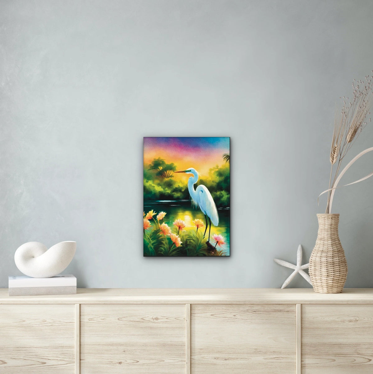 Great Egret - large 24 x 36 unframed art print shown hanging on a wall