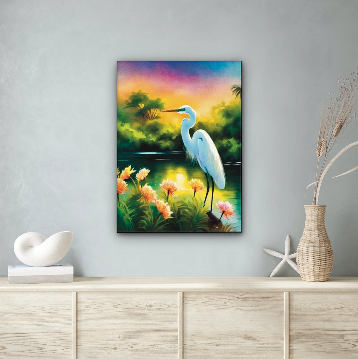 Great Egret - extra large 36 x 48 unframed art print shown hanging on a wall