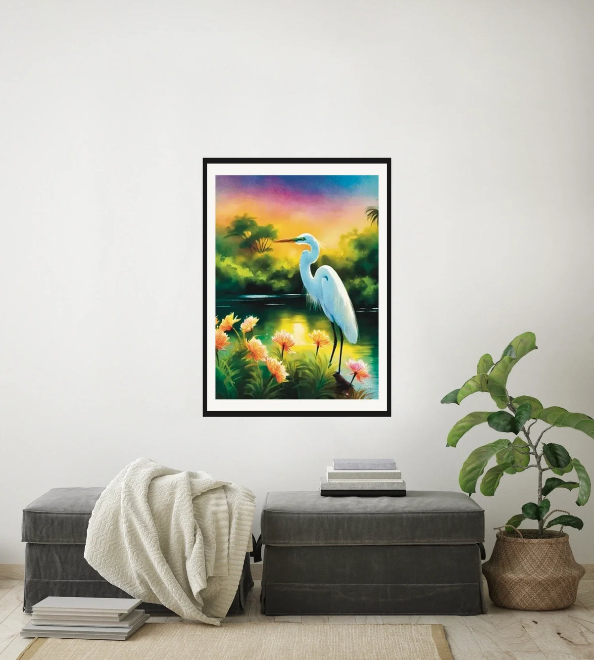 Great Egret - large 24 x 36 matted and framed art print shown hanging on a wall