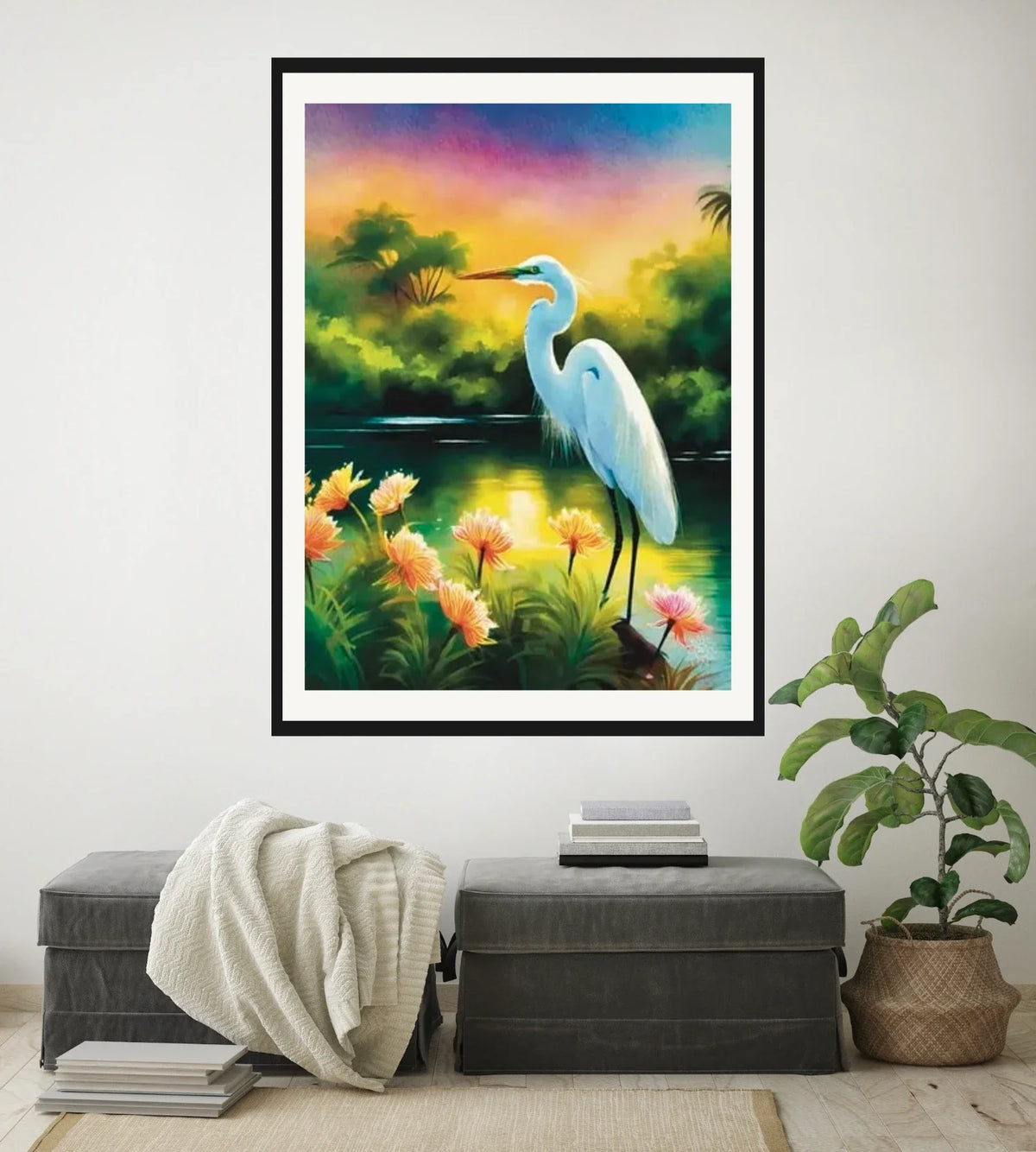 Great Egret - extra large 36 x 48 matted and framed art print shown hanging on a wall