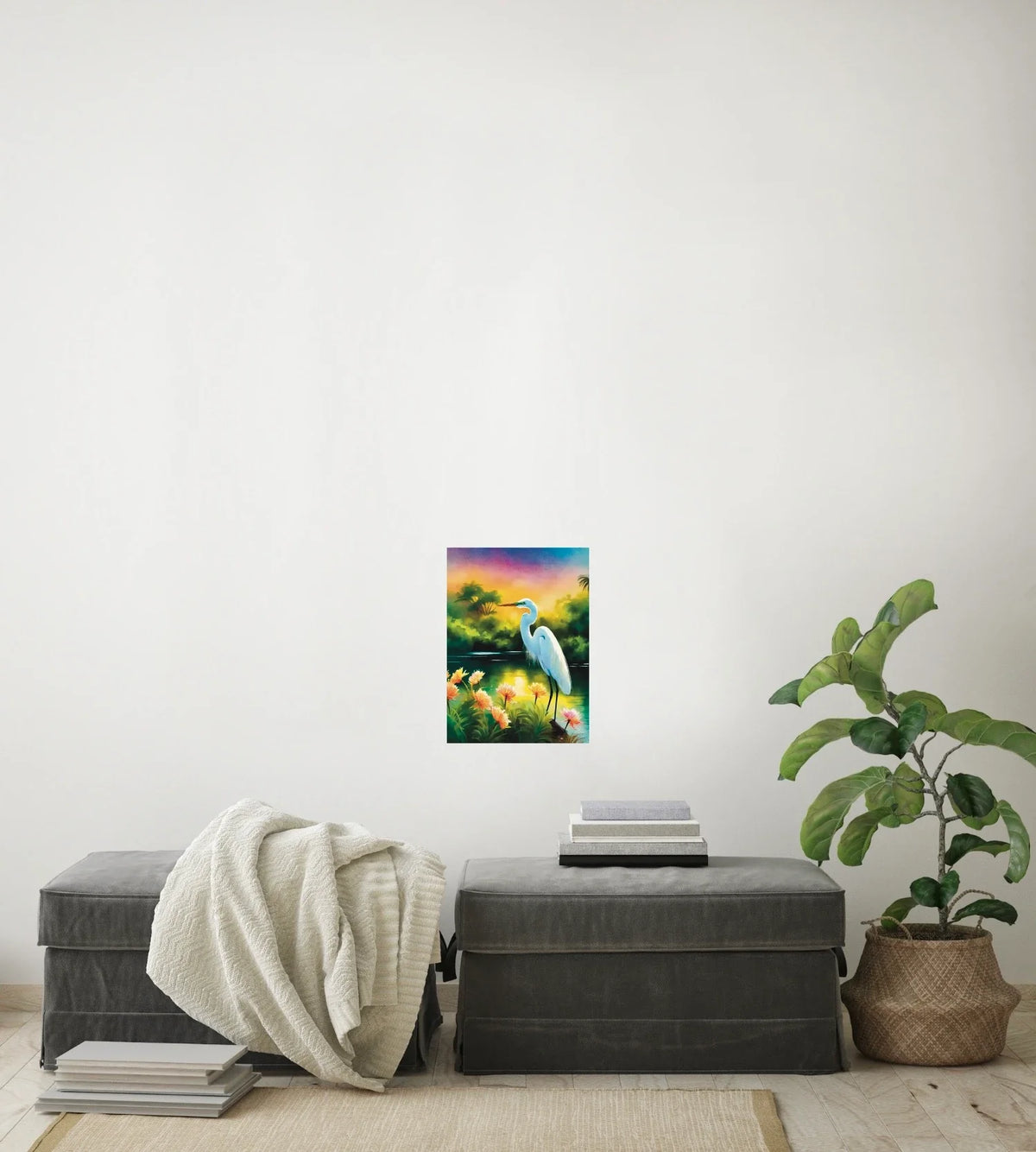 Great Egret - medium 12 x 16 unframed art print shown hanging on a wall