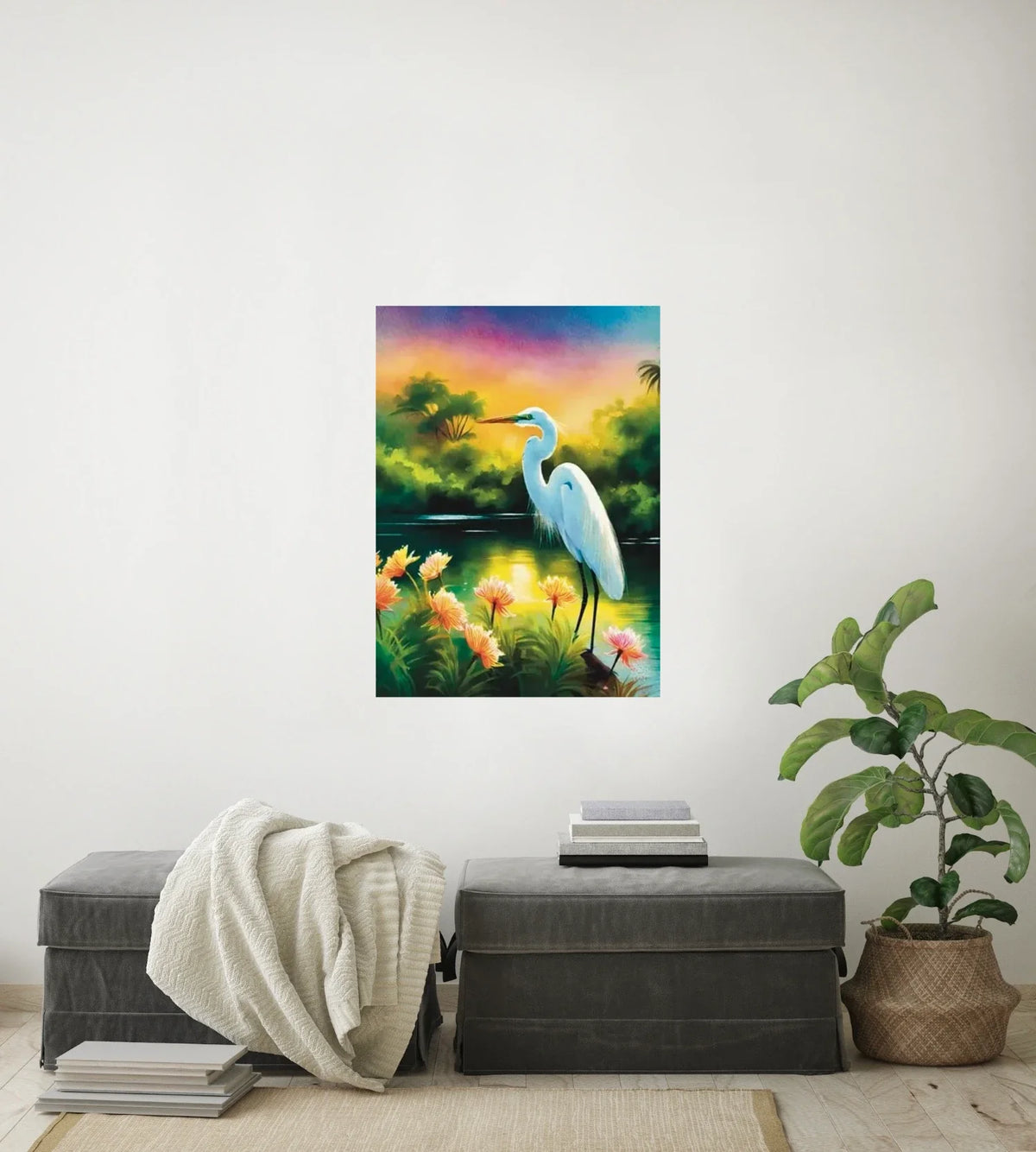 Great Egret - large 24 x 36 unframed art print shown hanging on a wall