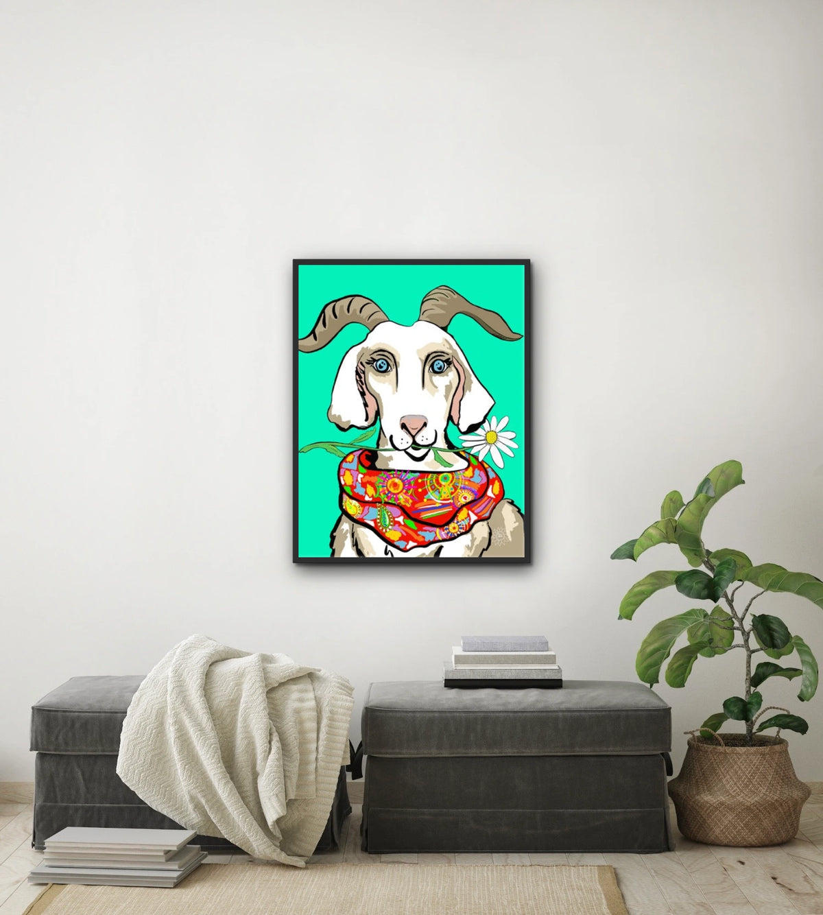 Gretchen The Goat - large 24 x 36 framed art print shown hanging on a wall