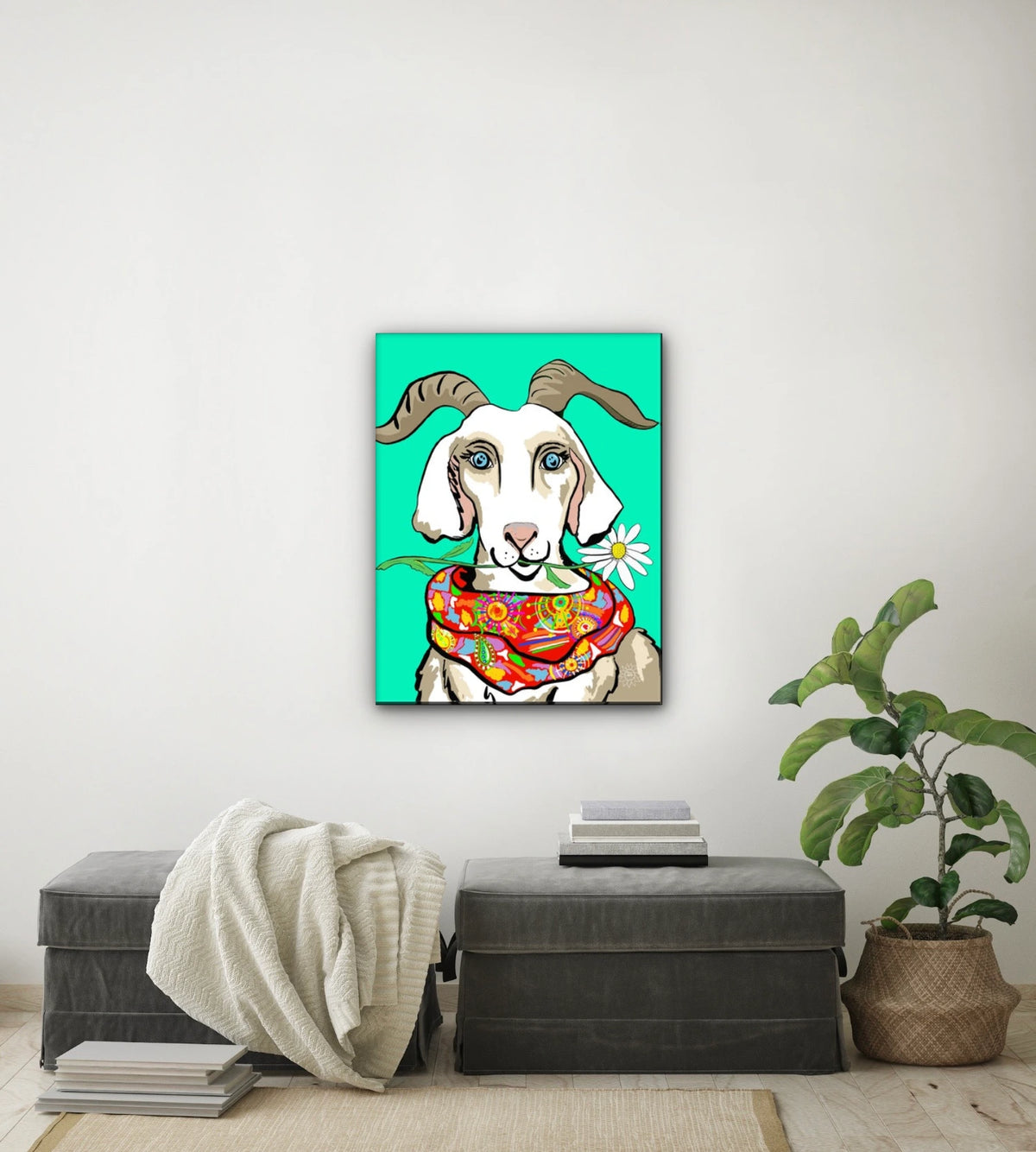 Gretchen The Goat - large 24 x 36 unframed art print shown hanging on a wall